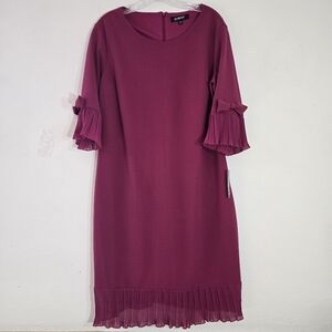 Glamour Berry CrewNeck 3/4 Pleated Ruffle Cuffs Ribbon Midi Career Dress 16 NWT